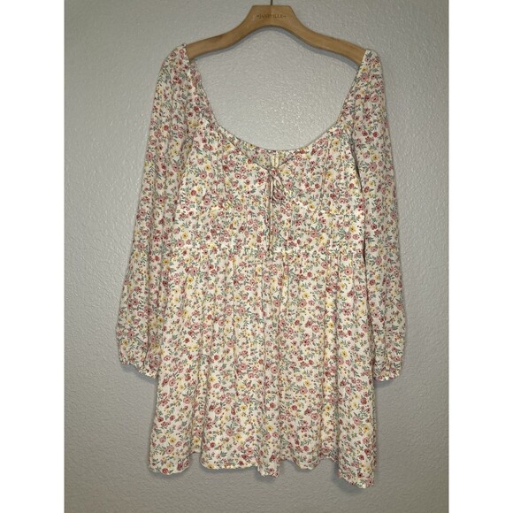 Mini Dress Floral Cream Multi-Color Juniors Size XL Ballon Sleeve Kingston Grey - Picture 1 of 12